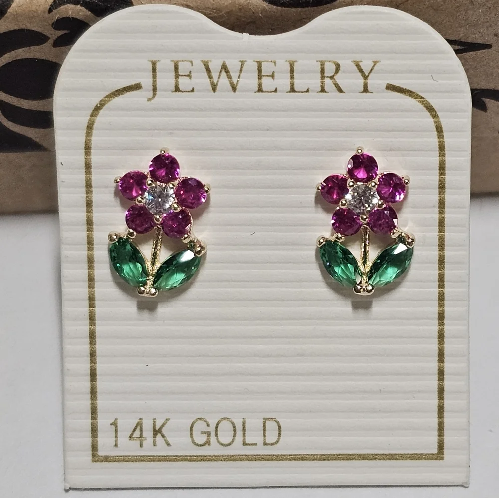 14KT Italian Gold Pink and Green Flower CZ Stud Screw Back Earrings